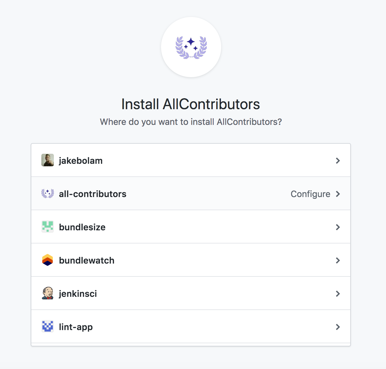 A screenshot of the GitHub interface that appears when you click the above install the bot button. It has a list of repositories and organizations that you have access to install the bot into.